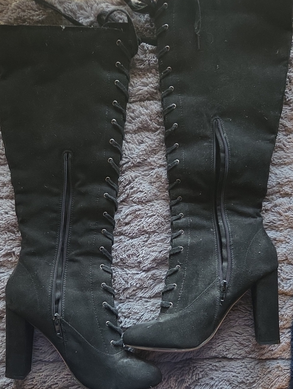 Women's Black Lace-Up Block Heel Knee Boots